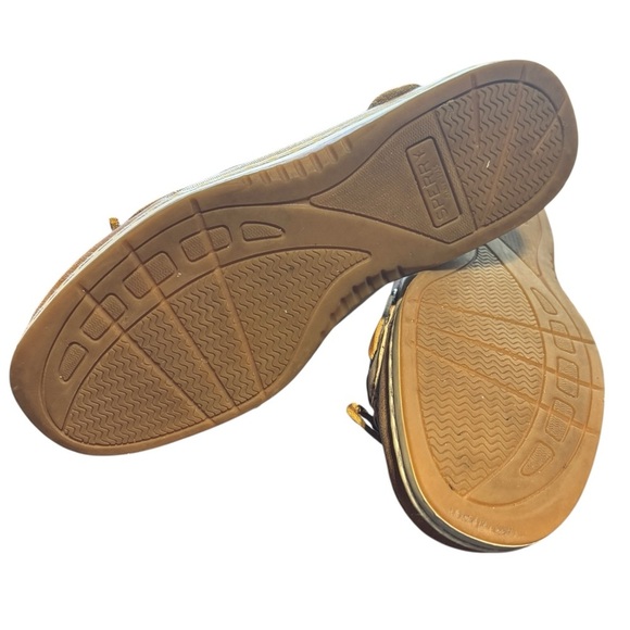 Sperry Top Sider ANGELFISH Tan Leather Gold Sparkle Linen Boat Shoes 7.5 women - Picture 4 of 8